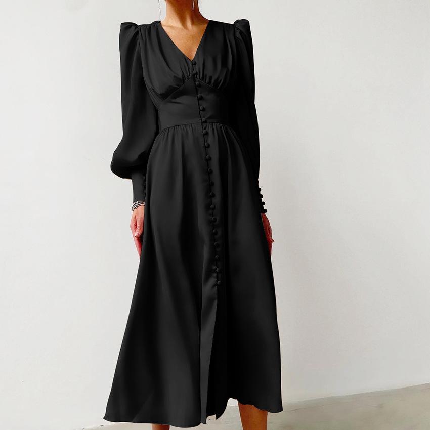 Single Breasted Sexy Dress Party Clud High Waist Satin Long Dress Elegant V Neck Women Midi Dresses Lantern Sleeve