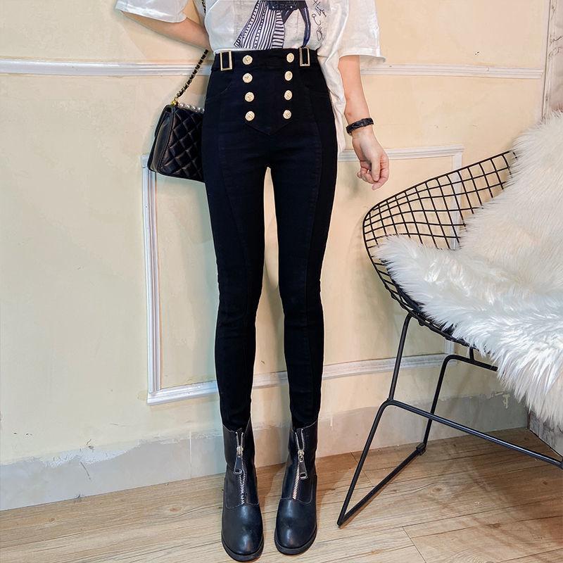WTEMPO Stretch Trousers Double Breasted Leggings Women's High Waist Worn Outside Cotton Black Tight Pants