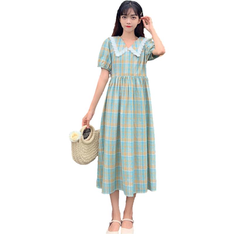 Female Lace Stitching Doll Collar Plaid Short Sleeve Holiday Dress High Waist Slim Vintage Elegant A-line Dress