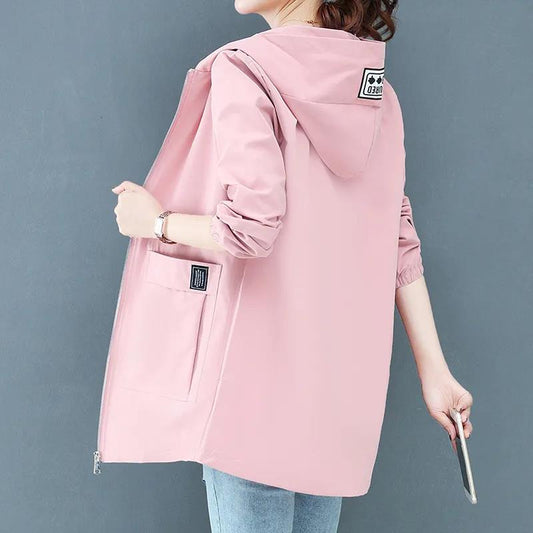 Women Autumn Large Size Casual Mid-length Windbreaker Female Spring Solid Color Long Sleeve Loose Hooded Coat