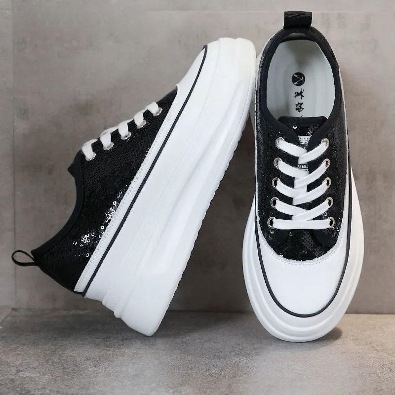 Women's Platform Shoes Sequined Shoes Leather Breathable Inner Increase White Shoes Casual Shoes Female Students' Thick-soled Shoes