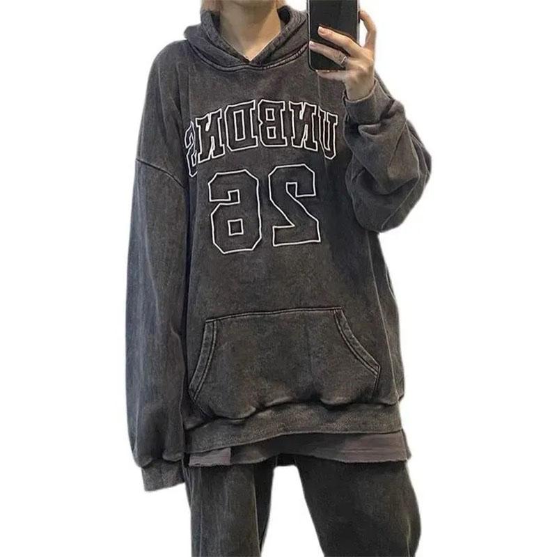 Men and Women Couple Hooded Sweater Hip-hop Loose Big Pocket Long-sleeved Pullover Sweater Oversize High Street Tie-dye Washed Retro Dark Top