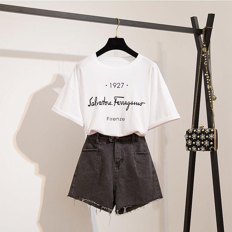 Pofulove Women Shorts Set Summer Embroidered Shirt Short Sleeve T-shirt High WaistRipped Denim Shorts 2 Piece Set for Teen Girl