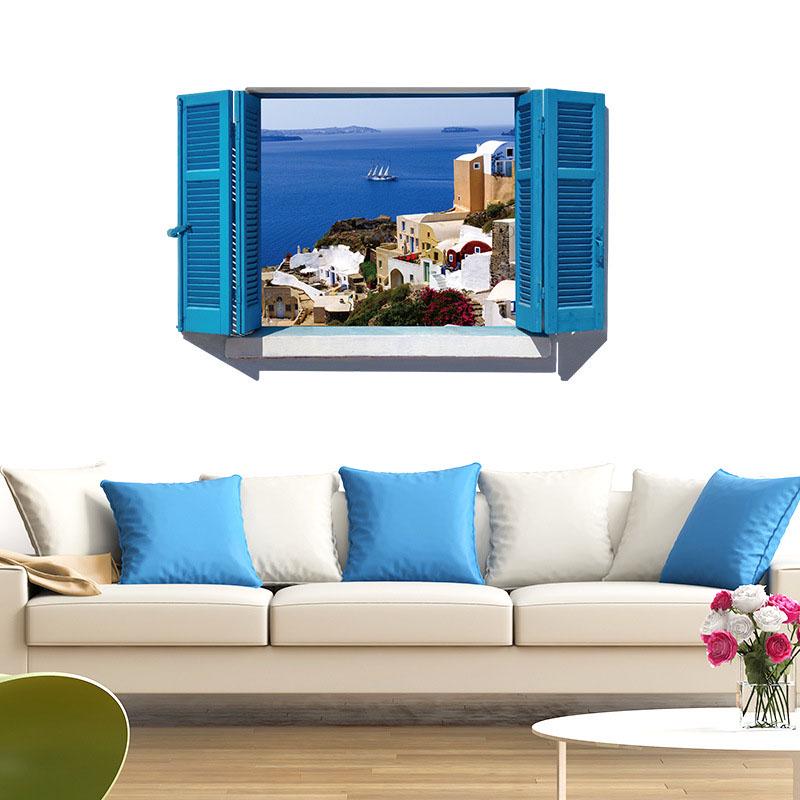 [Wall sticker ]3d Mediterranean Blue False Windows Landscape Wall Stickers Home Decor Living Room In