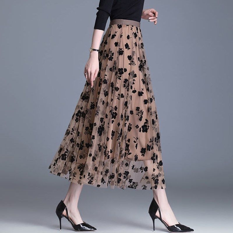 Mesh Floral Skirt Women's Spring/Summer High Waist Mid-Length A-Line Pleated Skirt