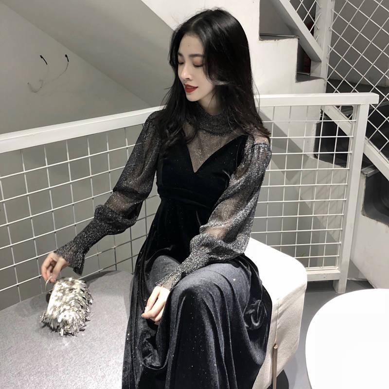 Sling Dress Two-piece Women's Korean Style Loose Mesh Gauze Stitching V-neck Long Sleeve Suit