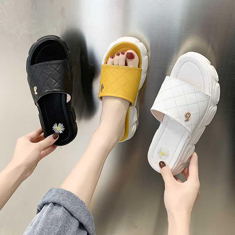 Size35-40 Summer Women Leather Slippers Bohemian Beach Waterproof Slippers Wedge Platform Crystal Letter Sandals Outdoor High Heels