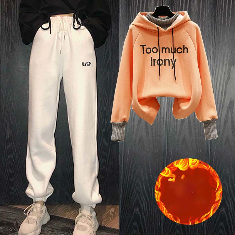 Plush Thick Hoodie Two-piece Suit Women Leisure Loose Sports Suit Stand-up Collar Zipper Hoodie Suit Loose and Comfortable