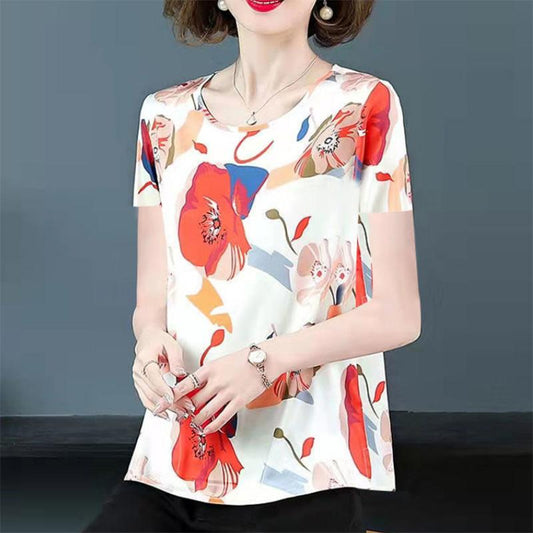 Summer Printing Middle-aged and Elderly Fashion Printing Ladies Age-reducing T-shirt Loose Short-sleeved Foreign Style Meat-covering Top