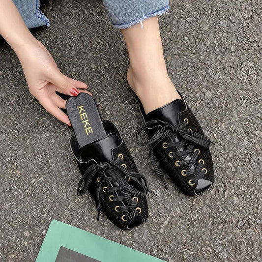 Half Slippers Women's Outer Wear Spring and Summer All-match Fashion Society Square Toe Flat Sandals Women