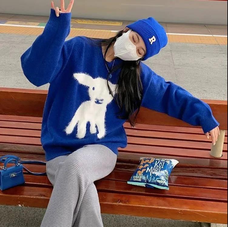 Lazy Blue Women's Crew Neck Pullover Mid Length Sweater Lamb Print Long Sleeve Knit Sweater
