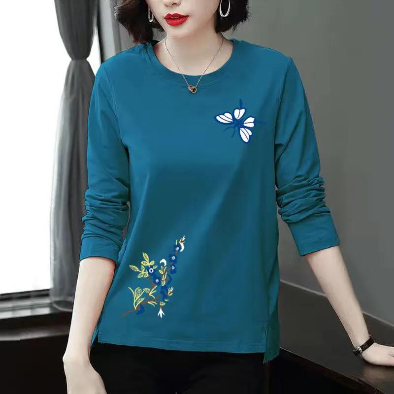 Spring Long Sleeve T-Shirt Flower Branch Butterfly Print Shirt Women Cotton Pullover Casual Bottom Shirt