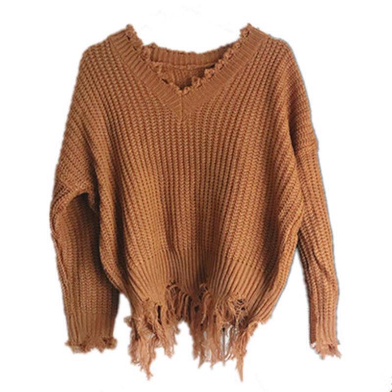 Loose Casual Solid Color Irregular Sweater Fashion Chic Tassel V-neck Long-sleeved Knit Pullover