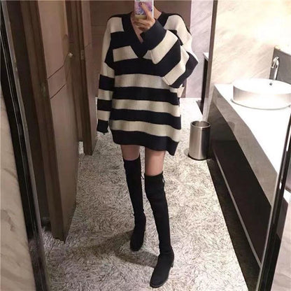 Autumn and Winter Long Thick Sweater Casual V-neck Loose Top All-match Knitted Women Sweater