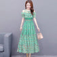 Mesh Chiffon Floral Dress Female Summer Off-shoulder Beach Skirt Over The Knee Long A-line Skirt Big Skirt Hemline Waist Slim Cute Dress Female