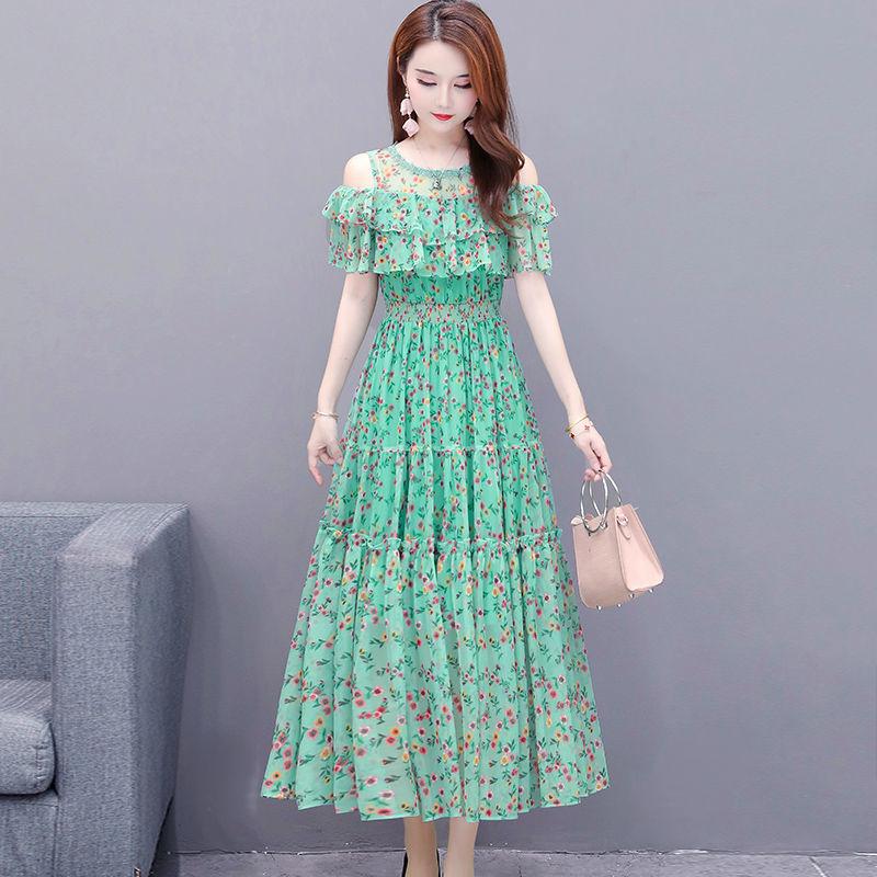 Mesh Chiffon Floral Dress Female Summer Off-shoulder Beach Skirt Over The Knee Long A-line Skirt Big Skirt Hemline Waist Slim Cute Dress Female