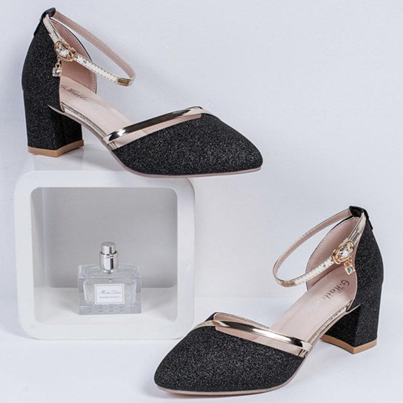Spring  Summer Sandals Female Students Korean Version  Wild Thick Heels One-word Buckle  High Heels Mid-heel  Single Shoes