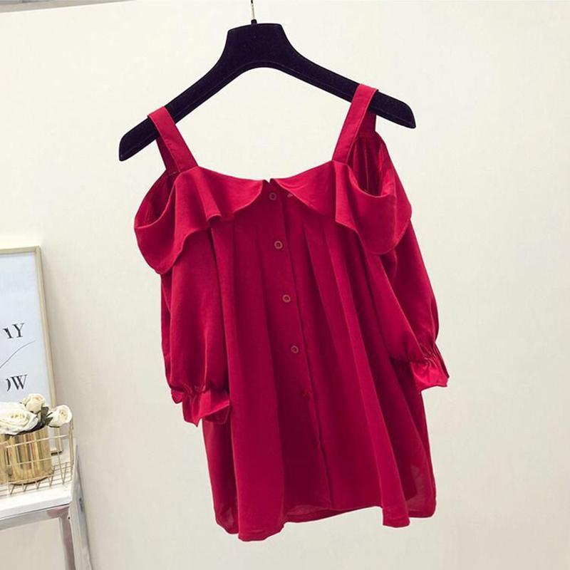 Sling One-shoulder Blouse Women's Ruffled Mid-sleeve Off-shoulder Shirt Chiffon Shirt Off-shoulder Sling Shirt Sweet and Cute