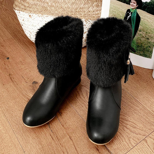 Snow Boots Short Plush Fleeces Square Heel Round Toe Slip On Solid Mid Calf Butterfly Knot Winter Boots Woman