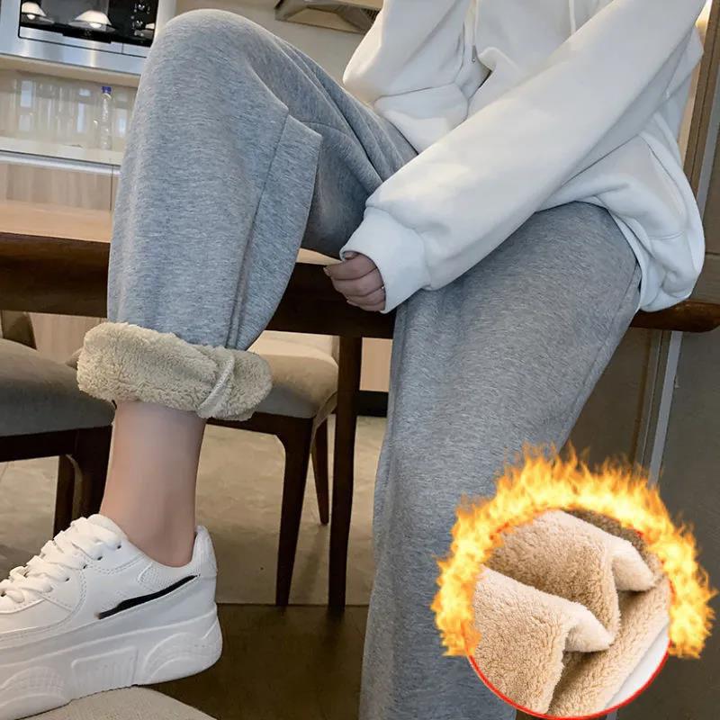 Lamb Velvet and Velvet Thickened Trousers Women's Autumn and Winter Large Size Loose and Thin Waist Pants Extra Thick Warm Casual Cotton Trousers