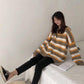 Pofulove Slim Thick Joker Bottoming Sweater Warm sweater Winter New Loose Contrast Striped Sweater