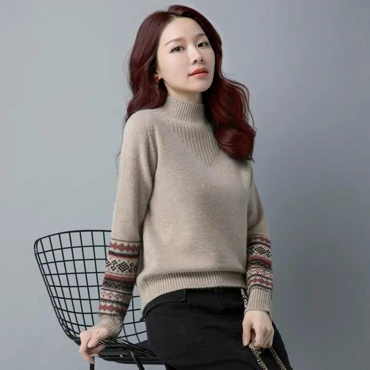 Plus Size Women Vintage Embroidered Sweater Fashion Half Turtleneck Pullover Overwear Long Sleeve Knitwear