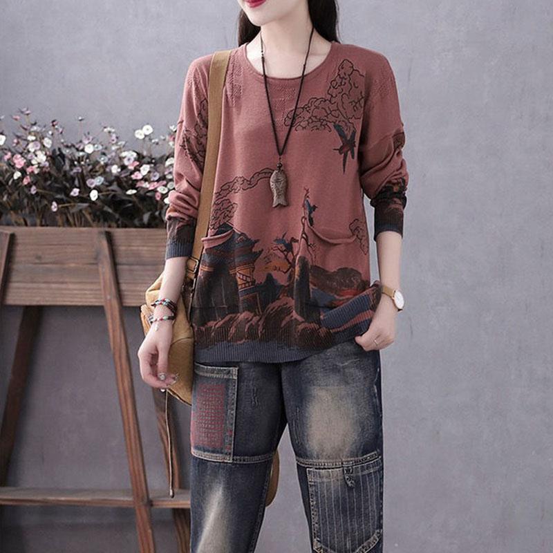 Vintage  Literary Print Long-sleeved Sweater Women Fall/winter Oversized Knit Sweater Outwear  Pullover Jumper Top with Pocket