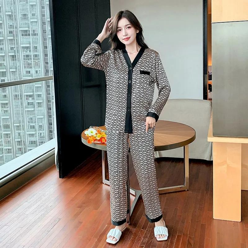 Women's Spring Autumn Long Sleeves Pajamas Ice Silk Sexy Loose Homewear Silk Suit Lapel Ice Silk Outerwear Suit