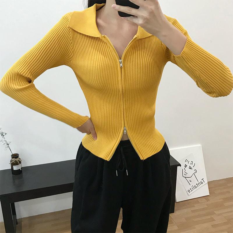 Polo Collar Knitted Cardigan Women's Thin Slim Slimming Short Double-headed Zipper Long-sleeved Top
