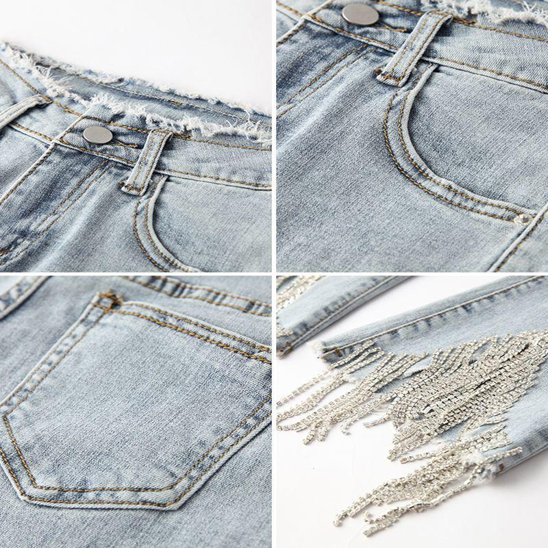 WTEMPO Tassel Trumpet Tight Women's Jeans Loose and Slim High Waist Zipper Denim Big Pocket Trousers