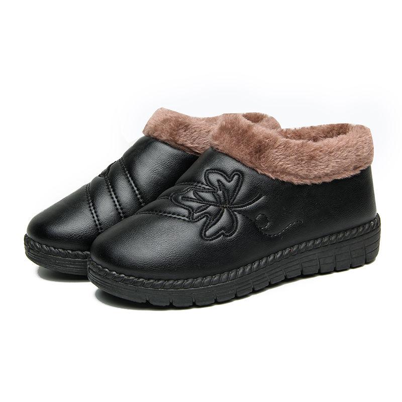 Winter Plus Velvet Leather Embroidered Cotton Shoes Waterproof Non-slip Warm Shoes Flat Bottom Women's Shoes Casual Shoes