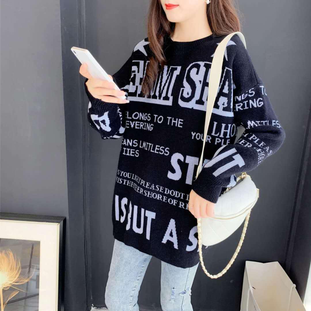 Autumn and Winter Loose Mid-length Round Neck Sweater Women Lazy Letter All-match Knitwear