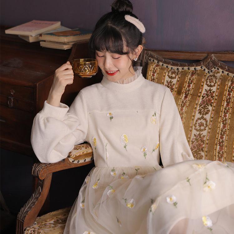 Women's pleated mesh skirt long floral skirt spring and autumn plus size inner dress mid-length