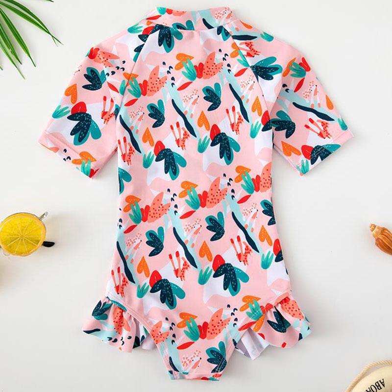 Baby Girls Flower Printed Swimsuit Summer One Piece Bikini Swimming Suit Kids Baby Short Sleeve Lotus Leaf Sleeve Quick Dry Beachsuit