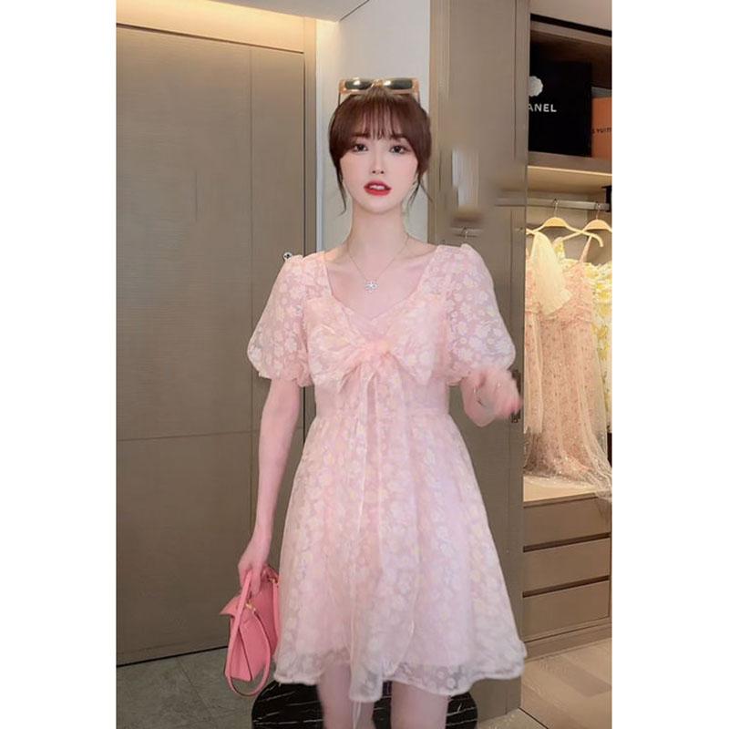 Summer Temperament Bow-knot Big Skirt Short Dress with Daisy Flowers