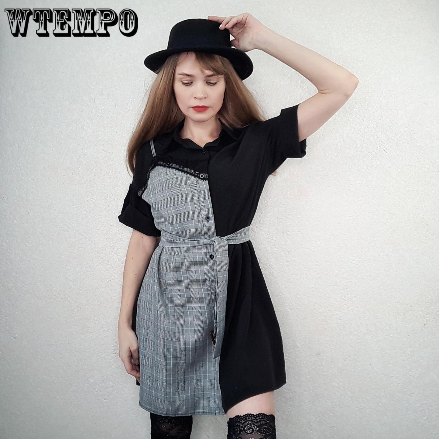 Summer Office Lady Black Dress Stitching Shirt Dress Simple Plus Size Dresses with Belt