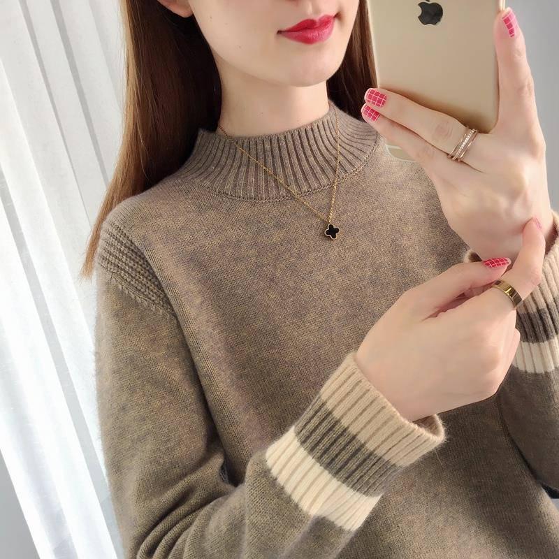 Pofulove Half-high-necked Bottoming Loose Sweater Women's Autumn Winter Long-sleeved Thick Sweaters