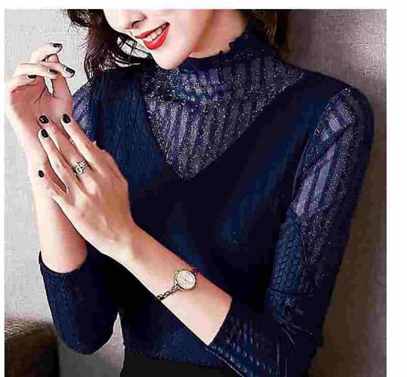 Autumn and Winter Plus Velvet Half-high Collar Lady Sweater Elegant Temperament Knitted Sweater All-match Lace Slim Casual Shirt