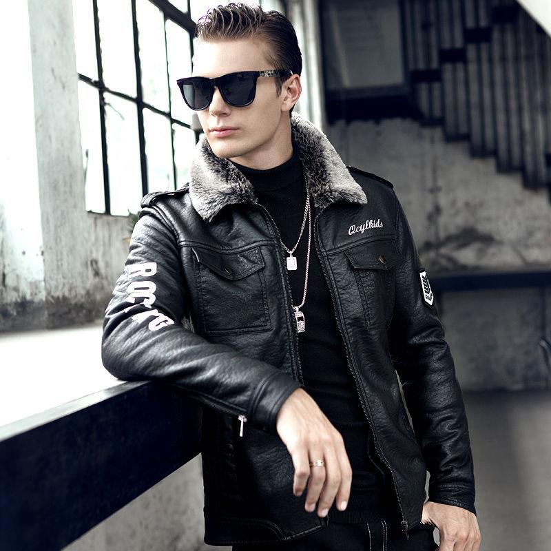 Winter Men's Leather Locomotive Lapel Korean Version of Self-cultivation Plus Velvet Warm Fur One Youth PU Coat Leather Jacket