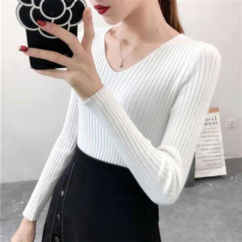 Pofulove V-neck Sweater Women's Inner Bottoming Tight-fitting Shirt Long Sleeves Autumn Winter