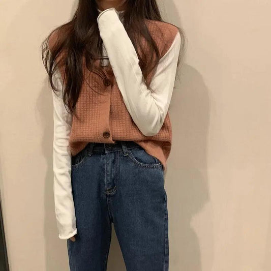 Spring and Autumn Vest Women's Outer Wear Korean Knit Bottoming Shirt Short Solid Color Button Top V-neck Loose