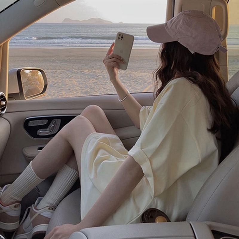 Solid Color Long Skirt Girls Short-sleeved Loose BF Style Pajamas Can Be Worn As Home Clothes