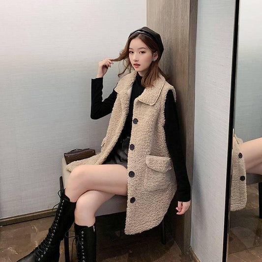 Woman Vest Winter Vests of Women Single Breasted Faux Lamb Wool Vest Coat Turn-down Collar