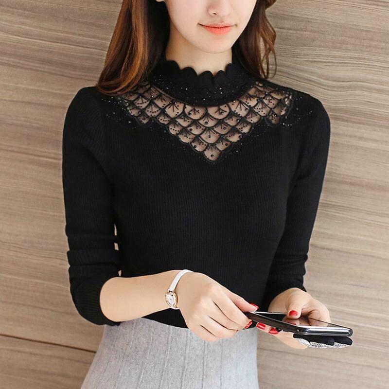 Pofulove Slim Turtleneck Sweater Lace Rhinestone Long Sleeve Base Shirt Knitting Pullover Women