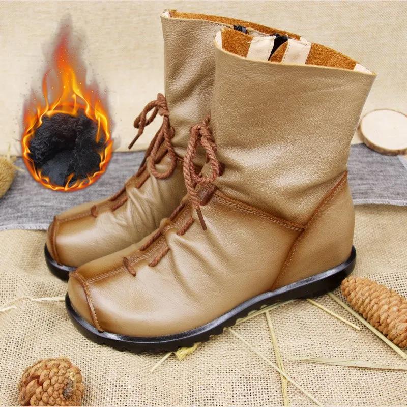 Handmade Pleated Martin Boots Cotton Boots Women's Leather Boots Top Layer Cowhide Comfortable Soft Sole Short Boots