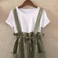Ladies Casual Suit Two-piece Tooling Loose Overalls + Round Neck Short-sleeved T-shirt Ladies Suit Casual Suspender One-piece Wide-leg Pants