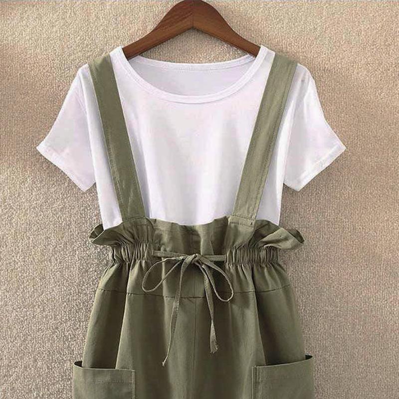 Ladies Casual Suit Two-piece Tooling Loose Overalls + Round Neck Short-sleeved T-shirt Ladies Suit Casual Suspender One-piece Wide-leg Pants