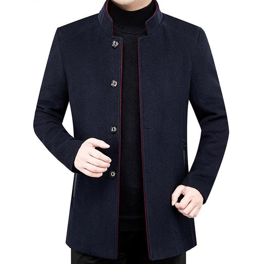 Middle-aged Men's Wool Stand Collar Jacket Autumn and Winter Fashion Handsome Gentleman Plus Velvet Padded Jacket