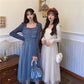 French Dress Korean Style Mid-length Long-sleeved Square Neckline Mesh  Receiving Waist Slim Skirt
