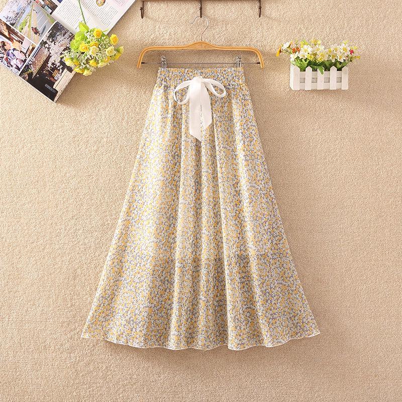 Summer High Waist Chiffon Women Midi Skirts Casual Floral Print Female Skirt Maxi Beach Skirt